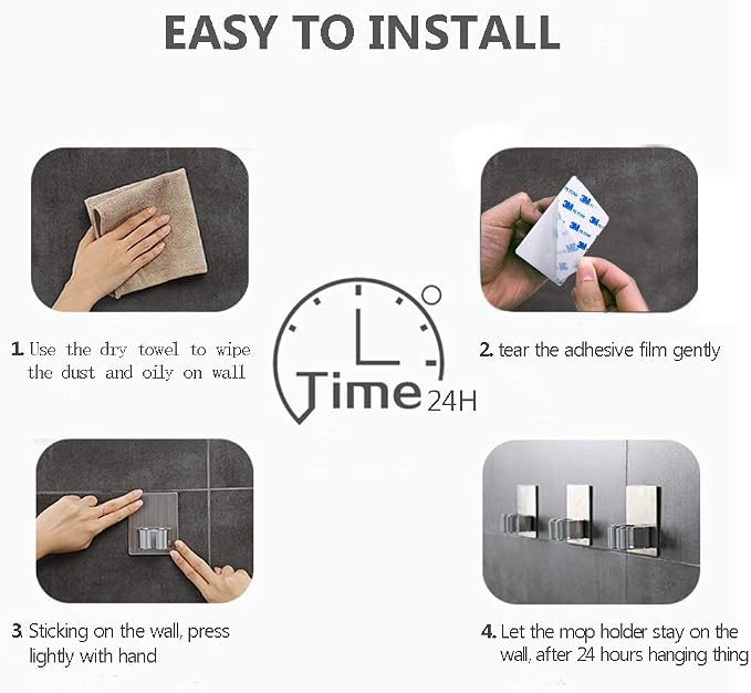 HANZE 2 Pack Stainless Steel Mop Broom Holder Organizer, Self Adhesive Wall - Image 6