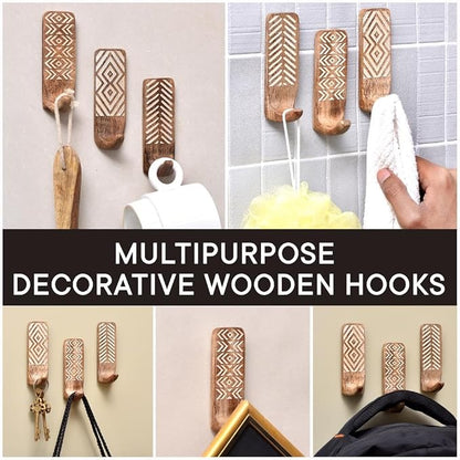 Indian Shelf 3 Boho Wood Adhesive Wall Hooks Peel Stick - Image 6