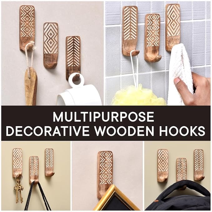 IndianShelf 10 LB- 12 Pieces Decorative Wood Adhesive Wall Hooks–Boho Peel and - Image 5