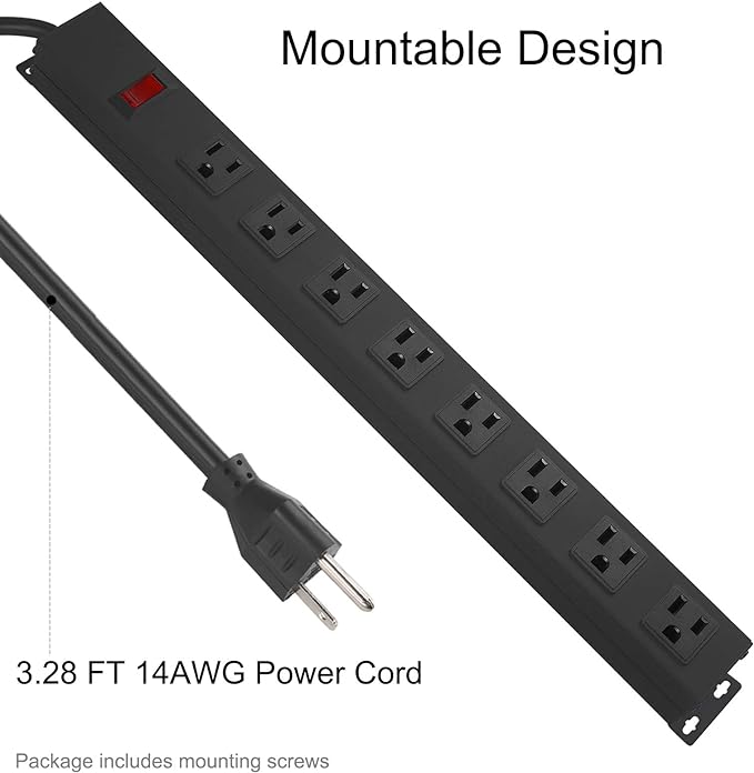 Metal 8 Outlet Mountable Power Strip, Wall Mount Outlet Heavy Duty, Wide Spaced - Image 4