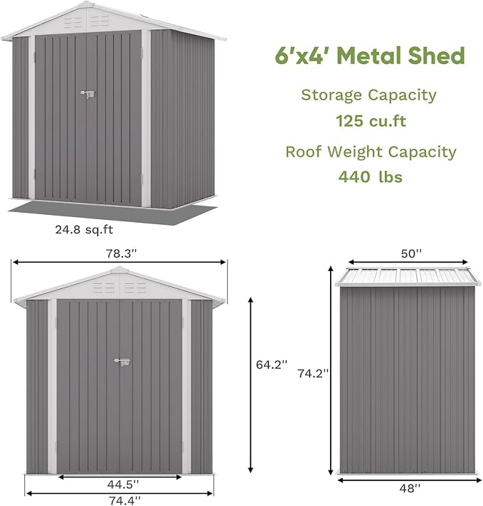 Patiowell 6x4 FT Outdoor Storage Shed, Metal Outdoor Sheds - Image 7