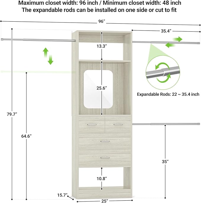Unikito 8FT Closet System with Mirror and 3 Extendable Hanging Rods | 96 Inch - Image 7
