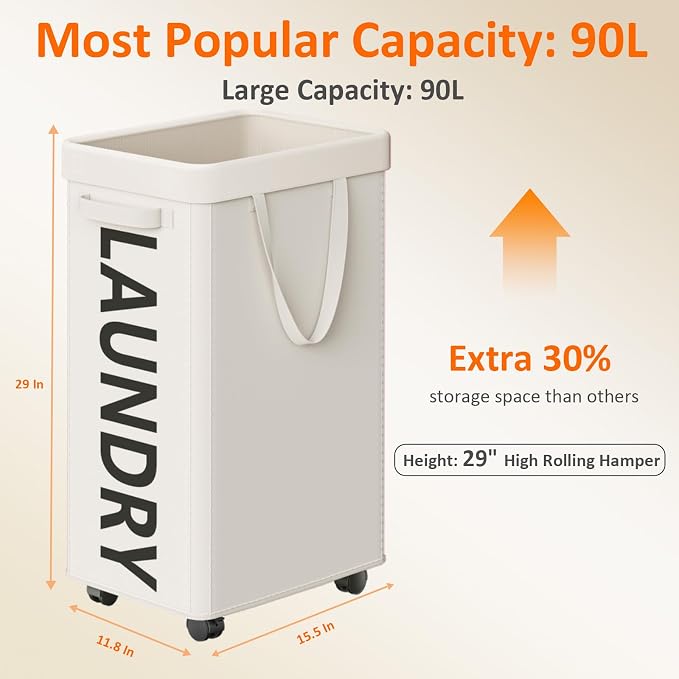 Optish Laundry Basket with Wheels, 90L Rolling Laundry Hamper with Wheels - Image 2