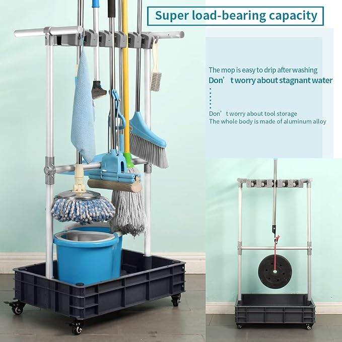 Broom And Mop Holder Put Wet Mops Movable Floor-Mounted Mop Rack Floor Standing - Image 3