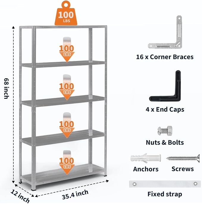 2500 LBS Capacity Heavy Duty Steel Shelving Unit, 5-Tier Garage Storage Shelves - Image 3
