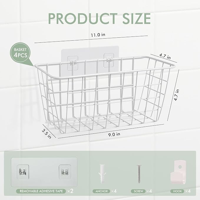 Wire Hanging Wall Basket, 4 White Metal Baskets, Adhesive Cabinet Organizer | - Image 2