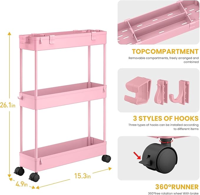 SPACELEAD 2-piece Set Slim Storage Cart 3 Tier, Bathroom Organizer Rolling - Image 2
