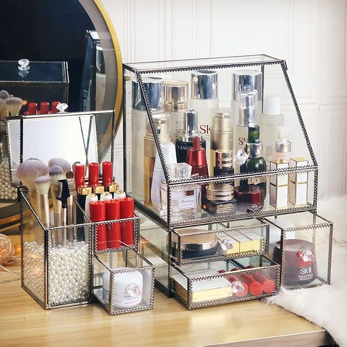 Hersoo Glass Antique Brass Stackable Drawer Set Makeup Organizer - Image 2