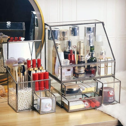 Hersoo Glass Antique Brass Stackable Drawer Set Makeup Organizer - Image 2