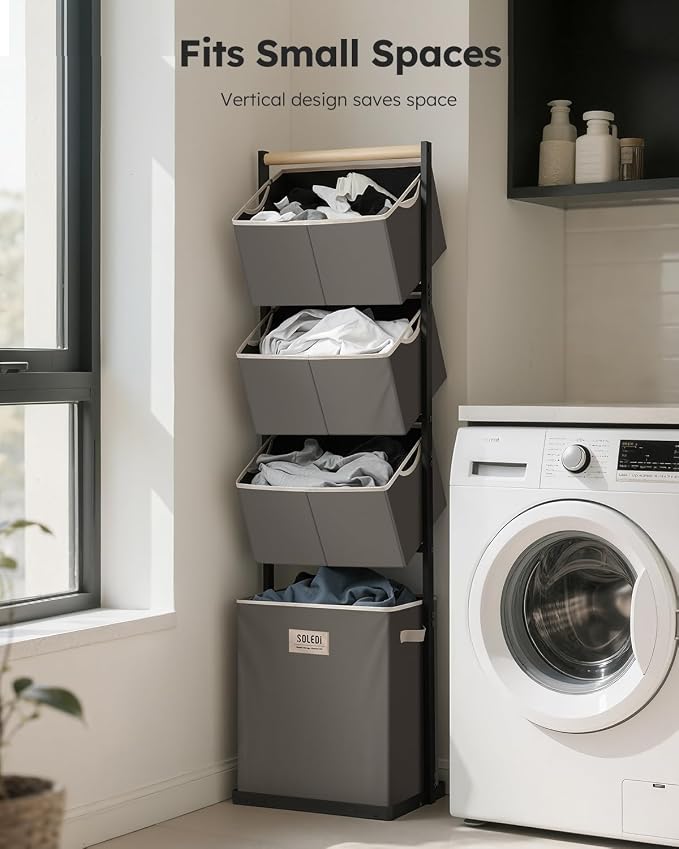 SOLEDI 4 Section Laundry Hamper Sorter, Stackable Laundry Basket Organizer - Image 2