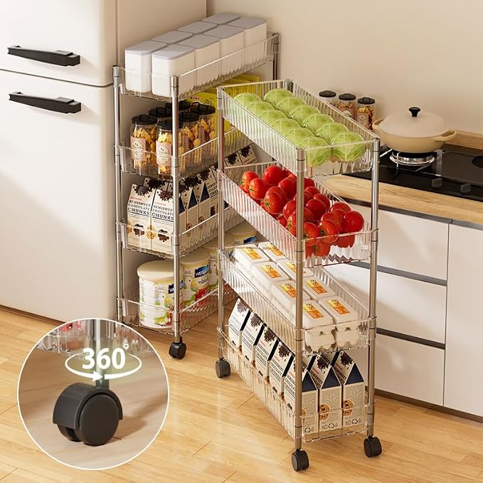 Sooyee Clear 4 Tier Slim Storage Cart, Rolling Storage Cart, Narrow Shelf - Image 3