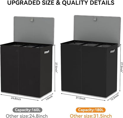 WOWLIVE Laundry Hamper with Lid, 180L Large Laundry Basket 3 Section with - Image 2