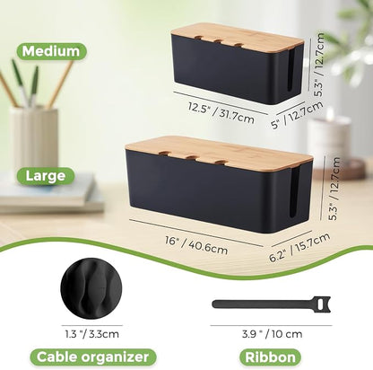 Cord Organizer Box Black 2 Pack, Wooden Cable Management Box - Image 3