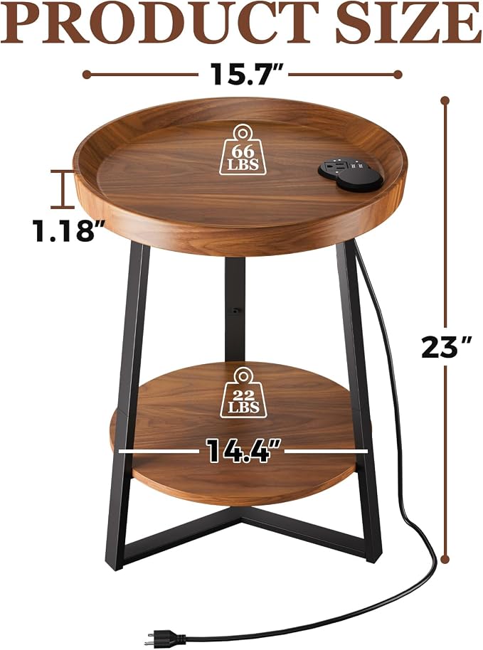 Gadroad Round End Table with Charging Station, USB Ports, Wood Tabletop & Black - Image 3