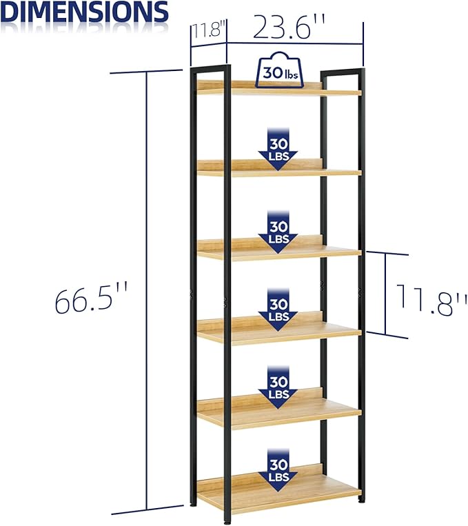 NUMENN Bookshelf, 6 Tier Freestanding Shelving Unit, Natural | Metal Frame & - Image 3