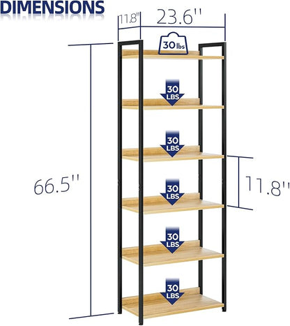 NUMENN Bookshelf, 6 Tier Freestanding Shelving Unit, Natural | Metal Frame & - Image 3