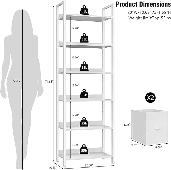 Furologee 6-Tier Bookshelf Set of 2, Tall Bookcase - Image 3