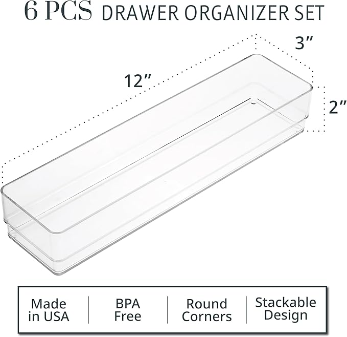 STORi SimpleSort 6-Piece Stackable Clear Drawer Organizer Set | 12" x 3" x 2" - Image 2