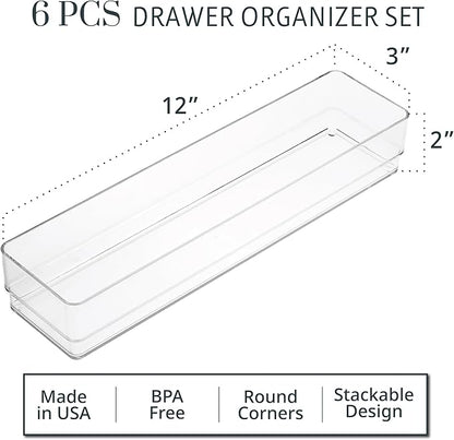 STORi SimpleSort 6-Piece Stackable Clear Drawer Organizer Set | 12" x 3" x 2" - Image 2