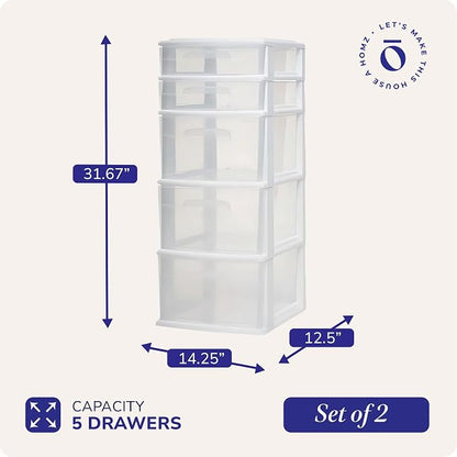HOMZ 5 Drawer Plastic Storage & Organizer Tower | 3 Large Drawers & 2 Small - Image 3