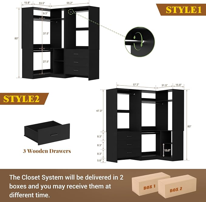 Aheaplus Closet System with 3 Drawers, 2 Hanging Rods & Corner Tower, Corner - Image 7