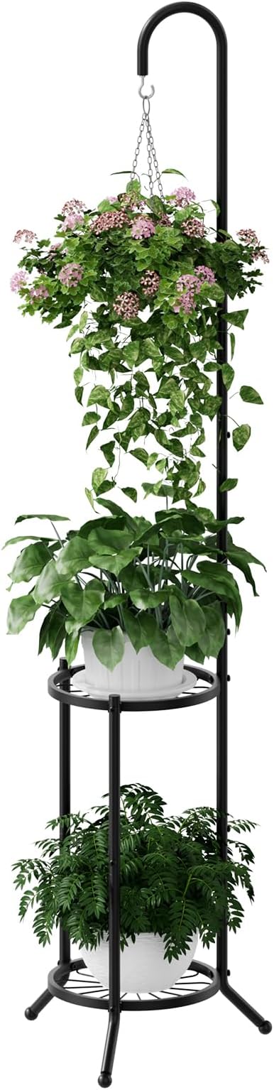 2-Tier Metal Plant Stand with Hanging Hook, Space-Saving Iron Plant Shelf by PULIJIAJU
