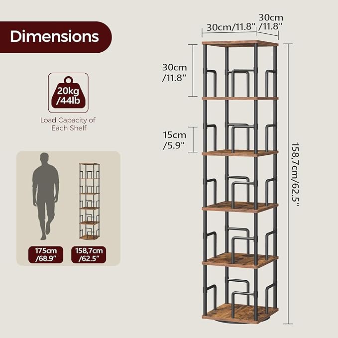 MAHANCRIS 5-Tier Rotating Bookshelf, Freestanding Corner Bookshelf, 360° - Image 3