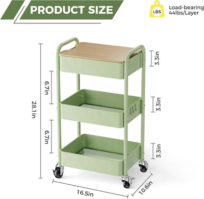 3 Tier Rolling Cart with Table top, Metal Rolling Utility Cart, Sturdy Storage - Image 4