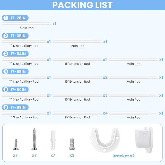 Closet Rods for Hanging Clothes, 17 to 84 Inch Heavy Duty Stepless Adjustable - Image 5