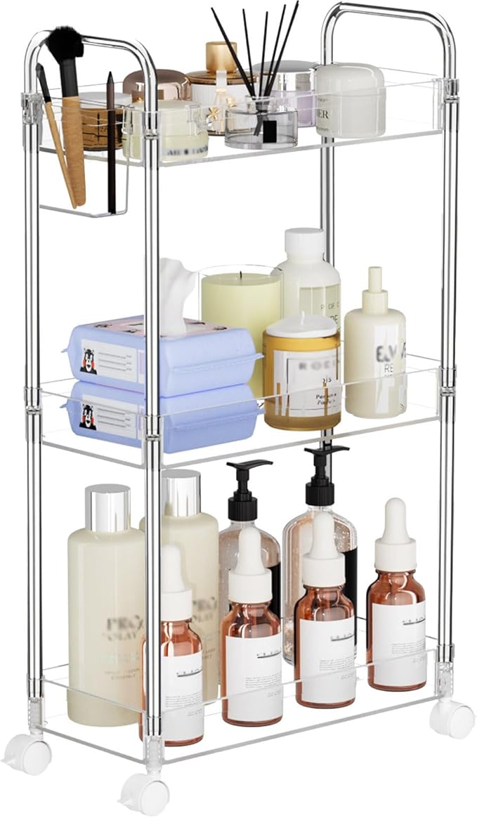 SPACEKEEPER 3 Tier Acrylic Storage Rolling Cart Clear Bathroom Cart Organizer by SPACEKEEPER