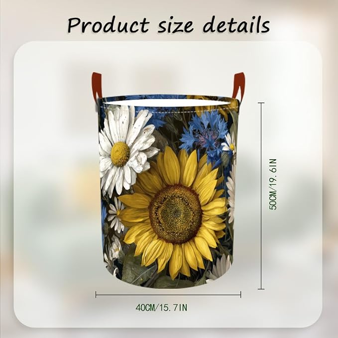 Laundry Baskets 15.7x19.7 Inch Large Vintage Sunflower Daisy Blue Wildflower - Image 3