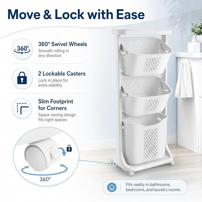 3 Tier Laundry Basket, Stackable Rolling Laundry Sorte Multi-functional Clothes - Image 5