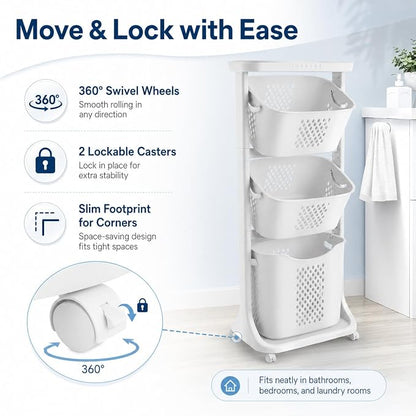 3 Tier Laundry Basket, Stackable Rolling Laundry Sorte Multi-functional Clothes - Image 5