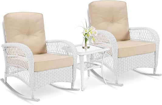 VIVIJASON 3-Piece Outdoor Conversation Bistro Set, Patio Wicker Rocking Chairs by VIVIJASON