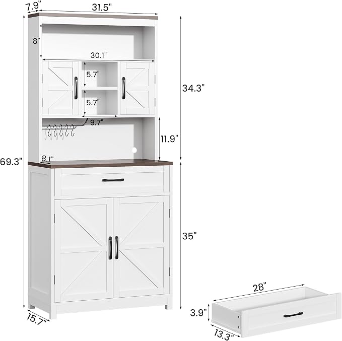 Saudism 70" Tall Farmhouse Kitchen Pantry Cabinet, Wooden Storage Cupboard - Image 2
