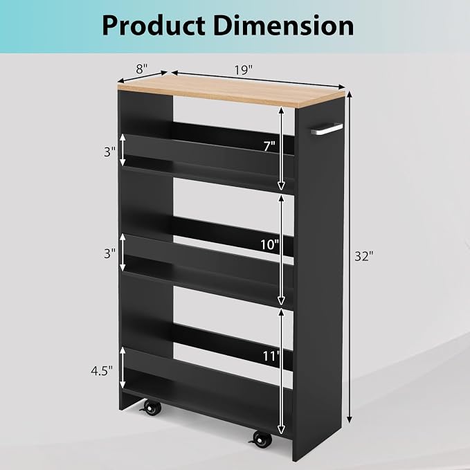 POWERSTONE 4-Tier Slim Storage Cart, Narrow Kitchen Rolling Cart w/Handle & - Image 6