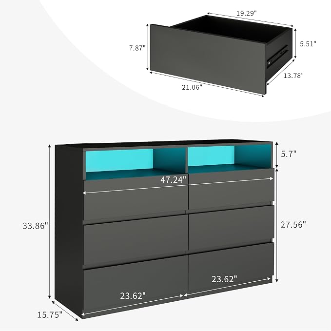 Vipbear 47.2" Black Dresser 6 Drawer - Image 2