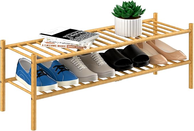 2-Tier Bamboo Long Shoe Rack, Free Standing Wood Shoe Shelf Storage Organizer by ROMGUAR+CRAFT
