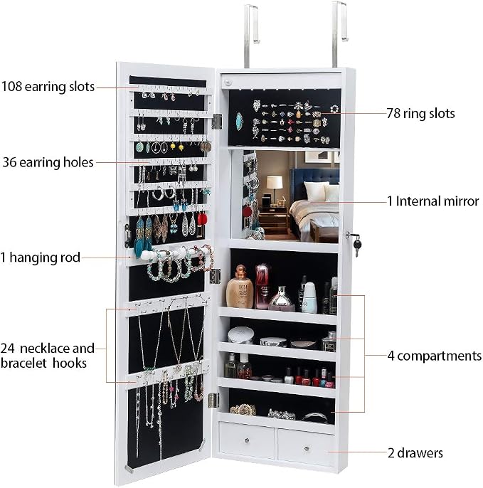 8 LEDs Mirror Jewelry Armoire, Wall Mounted Jewelry Cabinet - Image 5
