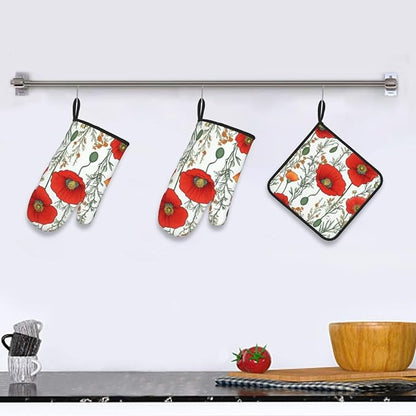 Oven Mitts and Pot Holders Sets of 3 Poppy Flower Pattern Oven Mitts 3 Pcs Heat - Image 5