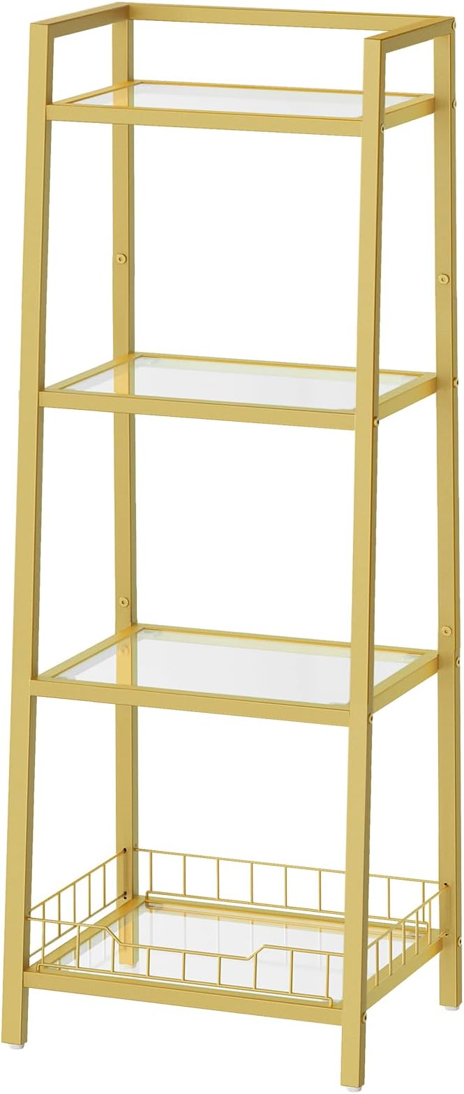 HOOBRO Gold Glass Shelf Stand, 4 Tier Standing Shelf Unit, Bathroom Organizer by HOOBRO