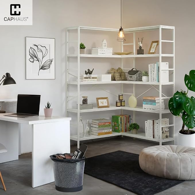 CAPHAUS L-Shaped Bookshelf, 5 Tier Industrial Corner Bookcase, Tall Corner Shelf - Image 7