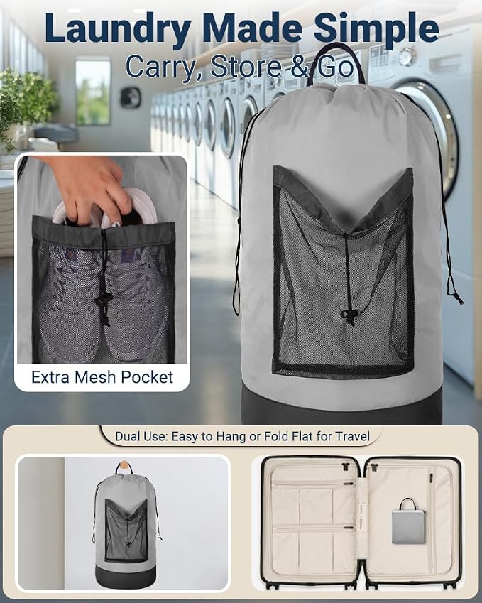 Laundry Bag with Shoulder Straps and Mesh Pocket Laundry Backpack Large - Image 3