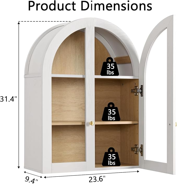 Bathroom Arched Wall Cabinet Over The Toilet Storage Cabinet, 23.6×31.4 Inch - Image 2