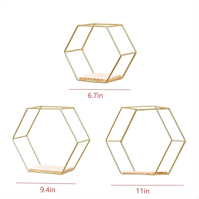 Gold Hexagon Floating Wall Shelves 3 Pack | Geometric Shelving - Image 2