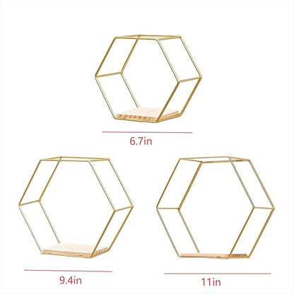 Gold Hexagon Floating Wall Shelves 3 Pack | Geometric Shelving - Image 2