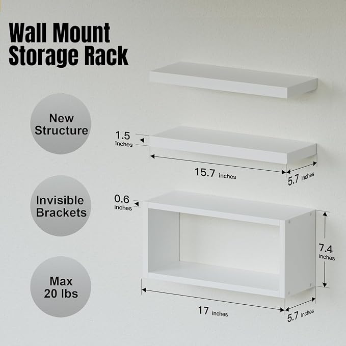 RICHER HOUSE 3-Set White Floating Wall Shelves, Bathroom Shelf Over Toilet | - Image 2