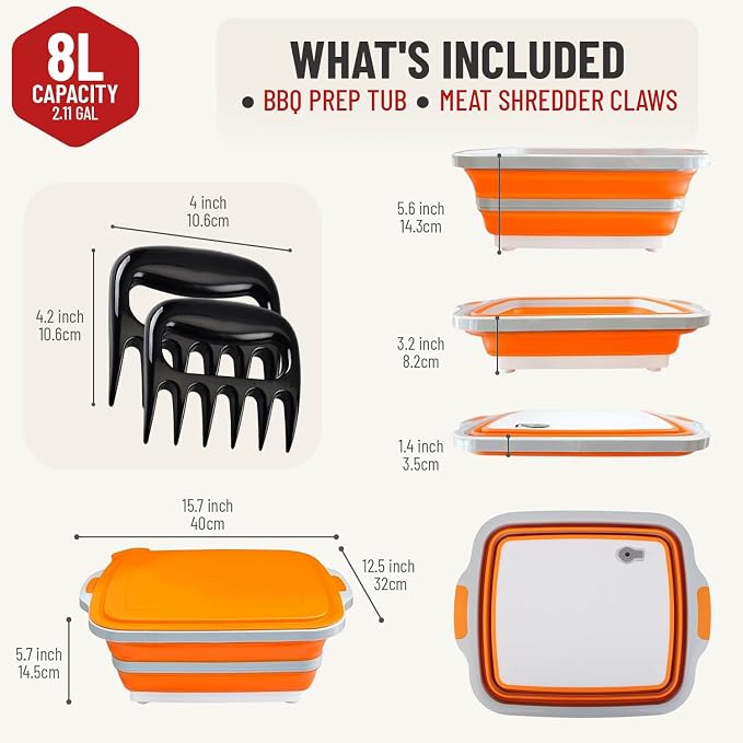 Medium 8L BBQ Prep Tub with Lid & 2 pcs Meat Shredder Claws, Collapsible - Image 2