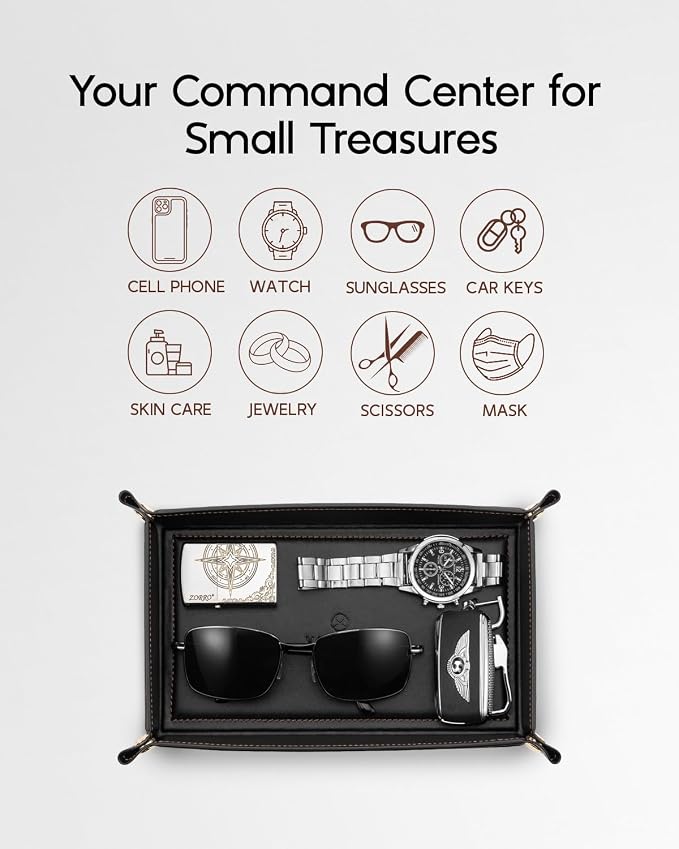 VLANDO Valet Tray for Men, Foldable PU Leather Catchall Tray, Phone and Glasses - Image 2