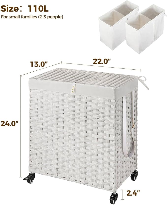 Greenstell Laundry Hamper with Wheels, No Install Needed, 110L Divided - Image 5